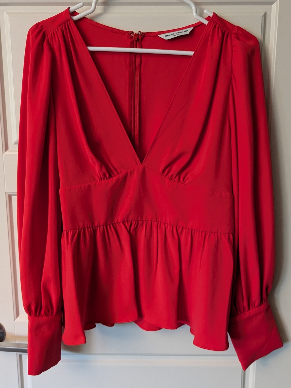 Amanda Uprichard Red Long-Sleeve V-Neck Peplum Top